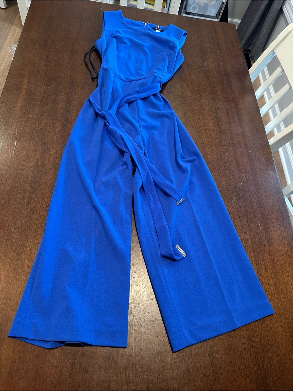 Women’s Royal Blue Sleeveless Wide-Leg Jumpsuit with Waist Tie